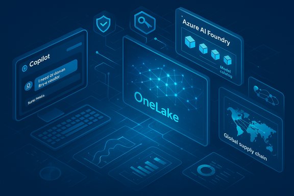 Futuristic dashboard centered on OneLake with Azure AI Foundry, Copilot chat, and global supply chain visuals. Futuristic dashboard centered on OneLake with Azure AI Foundry, Copilot chat, and global supply chain visuals.