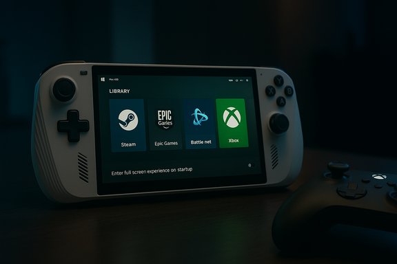 A white handheld gaming device shows Steam, Epic Games, Battle.net, and Xbox tiles.