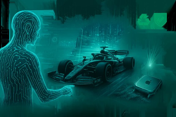 A holographic, circuit-patterned figure observes a Formula 1 car amid futuristic data dashboards.
