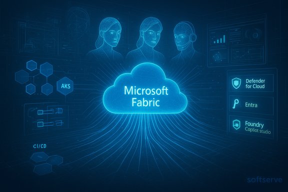 A neon blue Microsoft Fabric cloud surrounded by circuit lines, holographic figures, and dashboards.
