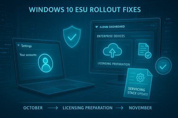 Blue infographic about Windows 10 ESU rollout fixes and licensing preparation timeline.