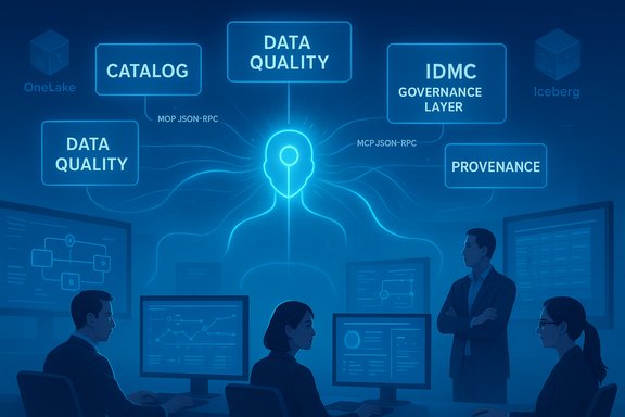 A team analyzes data quality, cataloging, provenance, and governance from a central data hub.
