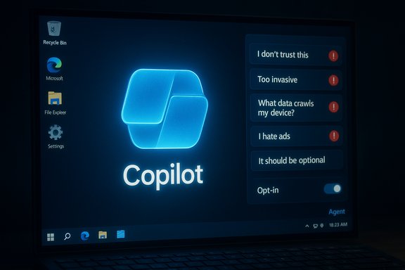 A laptop screen shows a glowing Copilot logo with a right-side feedback panel.