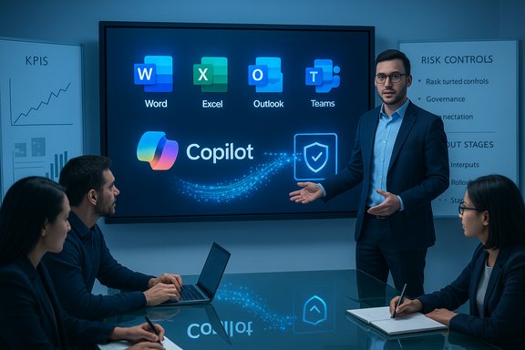 Team members attend a presentation on Copilot, highlighting Word, Excel, Outlook and Teams.