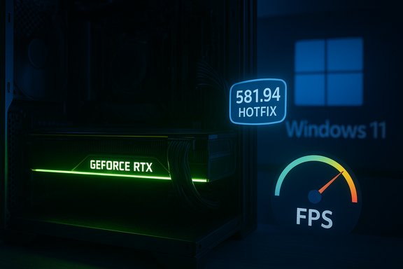A dark PC rig featuring a glowing GeForce RTX GPU, a HOTFIX label, Windows 11 branding, and an FPS meter.