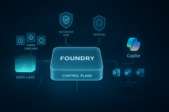 A futuristic diagram of Foundry control plane linking Data Lake, Fabric OneLake, Defender XDR, Sentinel, and Copilot.