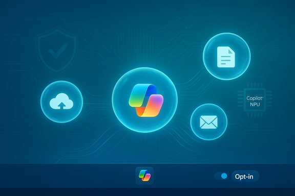 Futuristic blue UI with floating glowing icons for cloud, documents, mail, and Copilot NPU.
