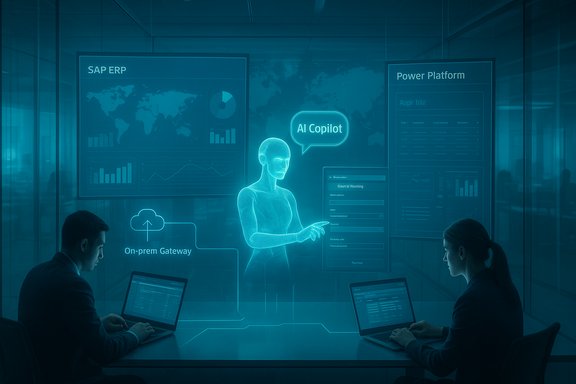 Two professionals work on laptops as a holographic AI Copilot analyzes data on screens.