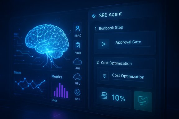 A futuristic blue UI showing a glowing neural brain beside an SRE Agent workflow panel.
