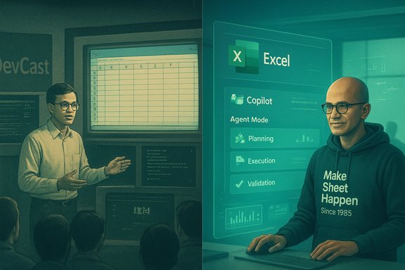 Split-screen: a presenter explains spreadsheets beside a giant Excel Copilot dashboard.