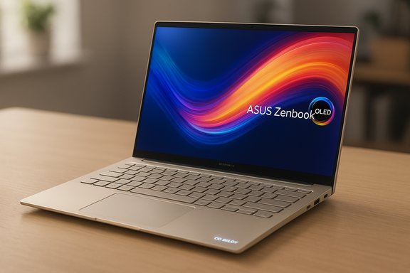 An ASUS ZenBook OLED laptop open on a wooden desk with a colorful screen.