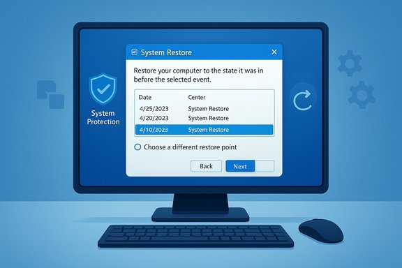 Blue-toned computer screen displaying a System Restore window with restore points and a Next button.