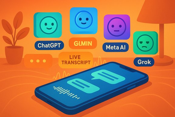 Smartphone with colorful AI chat icons (ChatGPT, Meta AI, Grok) and a live transcript.