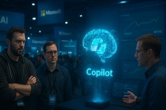 Three attendees at a tech conference study a glowing holographic Copilot brain display.