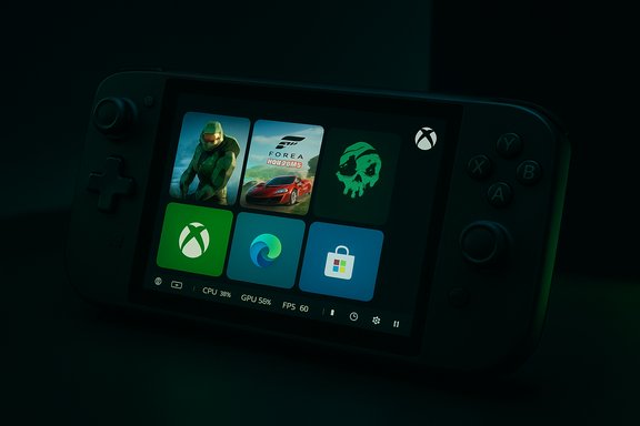 A Nintendo Switch–style handheld console displaying colorful game icons on its home screen.
