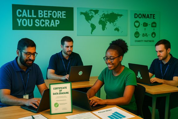 Four people work on laptops around a table, with a Certificate of Data Erasure on display.