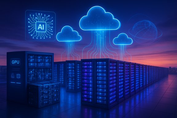 AI-driven cloud computing powers a futuristic data center of blue-lit servers.
