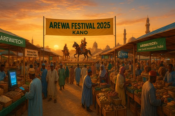 Sunset at Arewa Festival 2025 in Kano, Nigeria, with bustling stalls, banners, and a central equestrian statue.