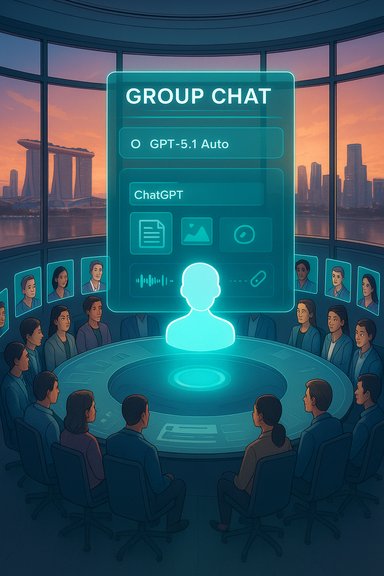 A futuristic holographic group-chat interface looms over a circular table, surrounded by people.
