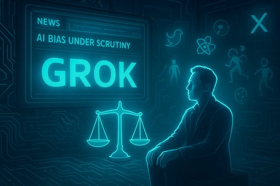 Neon-blue figure beside glowing scales of justice under a banner reading AI bias under scrutiny.