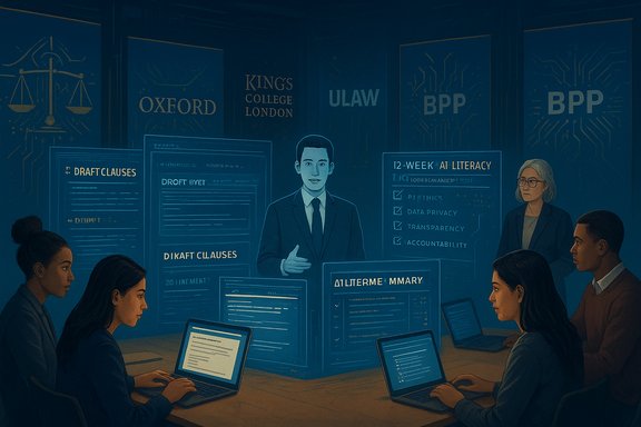 Law students gather around laptops in a blue-lit briefing, with Oxford and other law-school banners in the background.