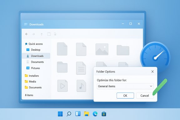 Blue Windows-style desktop showing a Downloads window with a Folder Options dialog. Blue Windows-style desktop showing a Downloads window with a Folder Options dialog.