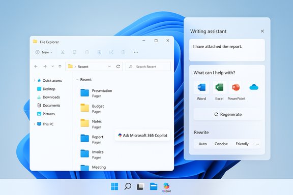 Windows-style desktop showing File Explorer alongside a Writing assistant panel. Windows-style desktop showing File Explorer alongside a Writing assistant panel.