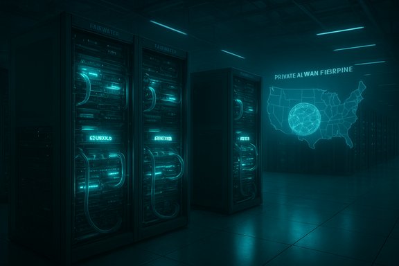 Teal-lit data center with glowing server racks and a holographic map of the US on the wall.