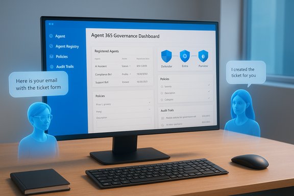 Blue holographic assistants flank a monitor displaying the Agent 365 Governance Dashboard.