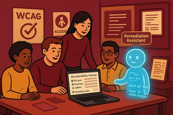 Diverse team collaborates around a laptop as a blue hologram suggests accessibility fixes.