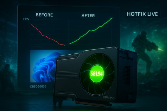NVIDIA graphics card with a glowing green LED fan in front of a before/after FPS chart.