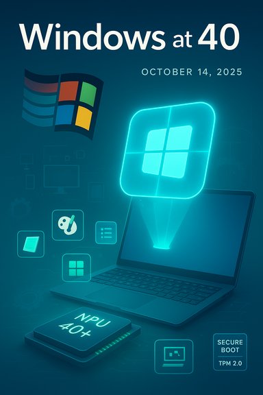 Poster for Windows at 40 with a neon Windows logo and a laptop setup, October 14, 2025.