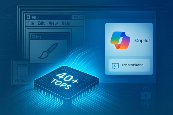 Blue tech scene featuring a '40+ TOPS' chip powering Copilot UI and a retro software window.