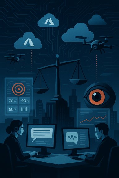 Analysts monitor AI drones and data dashboards over a city skyline.