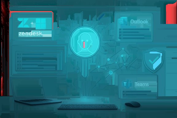 Tech collage with Zendesk, Outlook, and Teams icons around a glowing user avatar on circuitry.