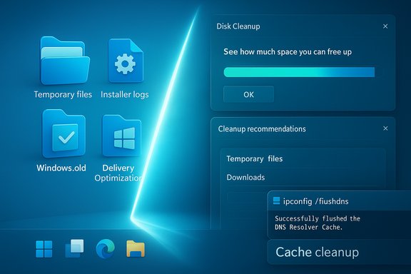 Blue Windows desktop with disk cleanup prompts and icons for Temporary files, Installer logs, and Windows.old.