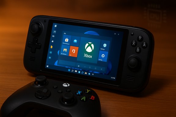 A handheld gaming device running Windows with a prominent Xbox tile on its home screen.