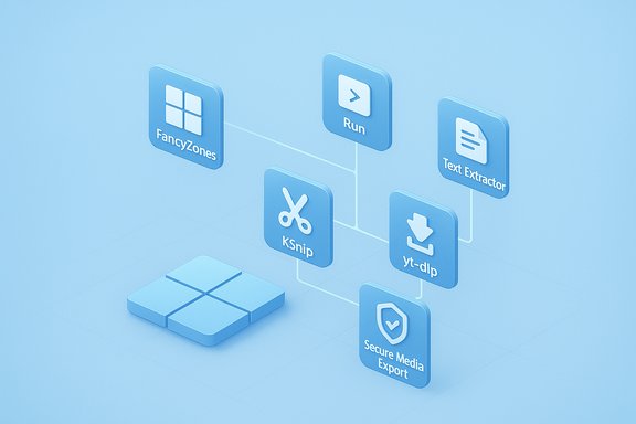 Blue isometric diagram of app icons connected in a modular software workflow.