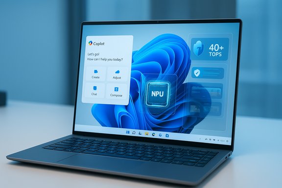 A laptop displays a futuristic AI interface with an NPU chip and floating tool panels. A laptop displays a futuristic AI interface with an NPU chip and floating tool panels.