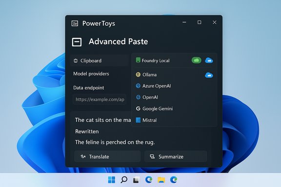 Dark PowerToys Advanced Paste window showing clipboard tools and AI model providers on Windows 11. Dark PowerToys Advanced Paste window showing clipboard tools and AI model providers on Windows 11.