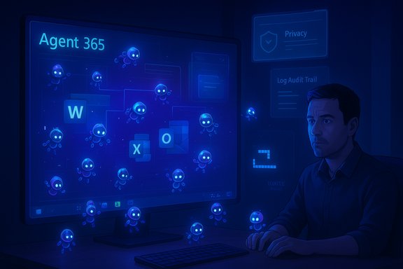 A man sits at a computer as glowing blue agents swarm a screen labeled Agent 365.