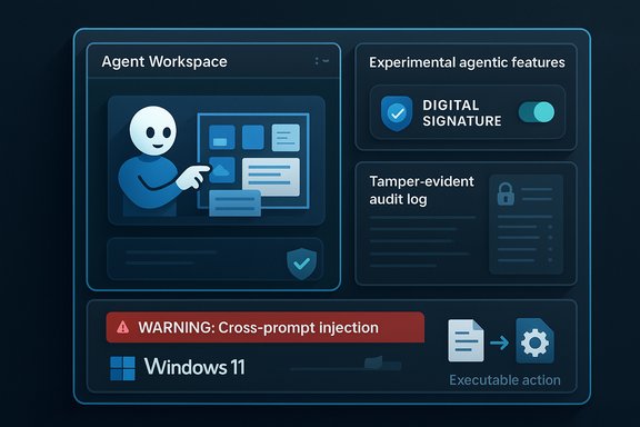 Futuristic UI dashboard showing an agent workspace, experimental features, and a Windows 11 cross-prompt injection warning. Futuristic UI dashboard showing an agent workspace, experimental features, and a Windows 11 cross-prompt injection warning.