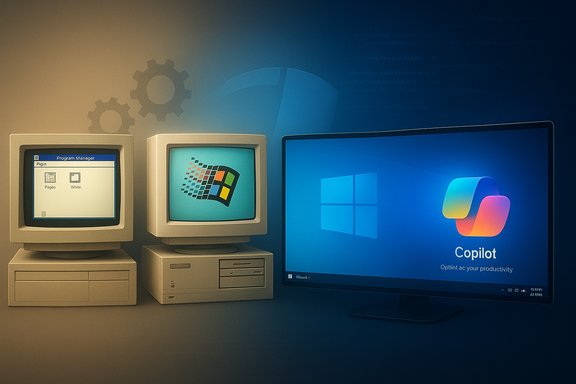 Retro computers flank a modern monitor showing Windows Copilot.