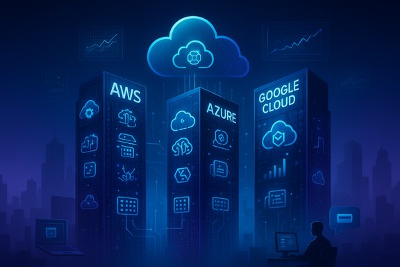 Futuristic blue data centers hosting AWS, Azure, and Google Cloud.