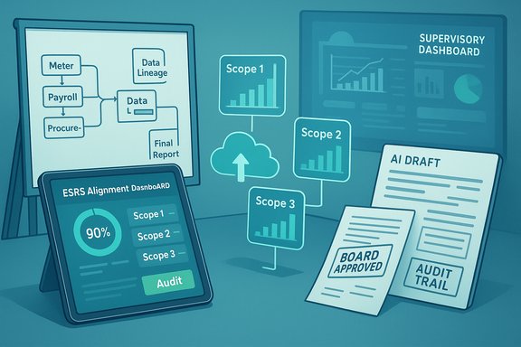 A teal illustration of ESG data flow with Scope 1–3 dashboards and audit documents. A teal illustration of ESG data flow with Scope 1–3 dashboards and audit documents.