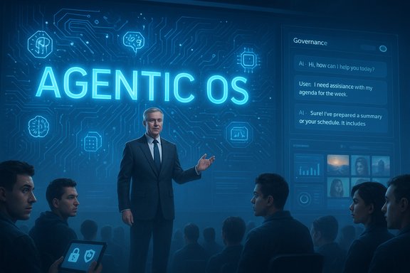 A suited presenter unveils AGENTIC OS on a neon circuit-board backdrop before an audience. A suited presenter unveils AGENTIC OS on a neon circuit-board backdrop before an audience.