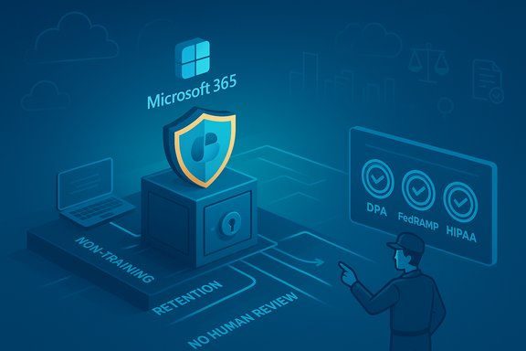 Microsoft 365 security infographic showing a shielded vault, retention path, and DPA/FedRAMP/HIPAA checks.