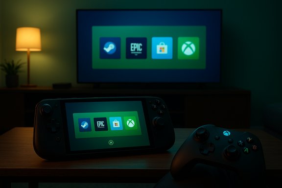 A handheld gaming console on a table mirrors app icons on the TV in a cozy living room.