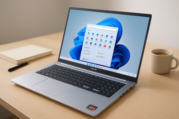 ASUS laptop on a wooden desk with Windows 11, plus notebook, pen, and coffee mug.
