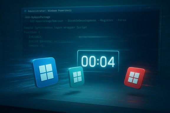 Glowing countdown timer at 00:04 with Windows icons over a code background.